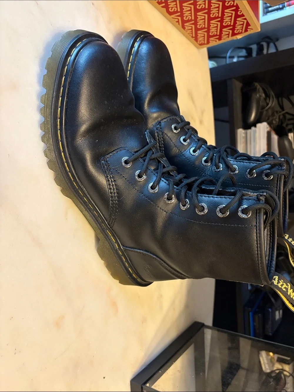 Dr. Martens Black Leather 8-Eye Lace-Up Boots with Yellow Stitching